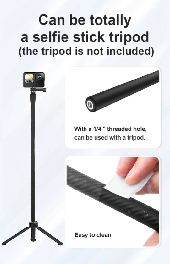 Perche à selfie noire, extensible, avec fixation GoPro et filetage 1/4" en bas pour trépied.