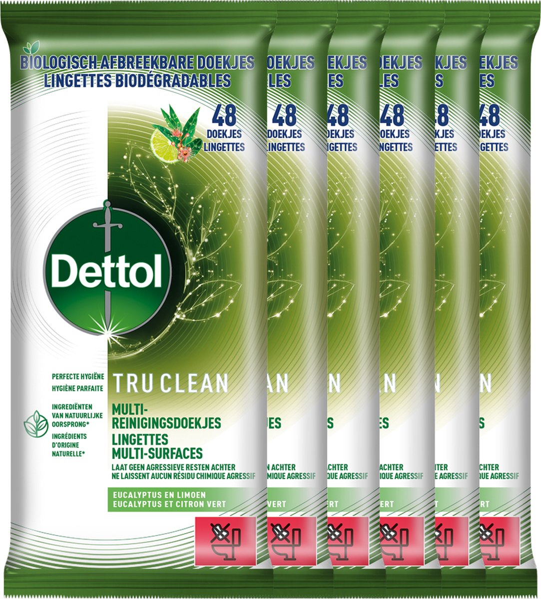 Goedkoopste Dettol Tru Clean Schoonmaakdoekjes Biologisch Afbreekbaar - Eucalyptus en limoen - 48 stuks - 6 stuks