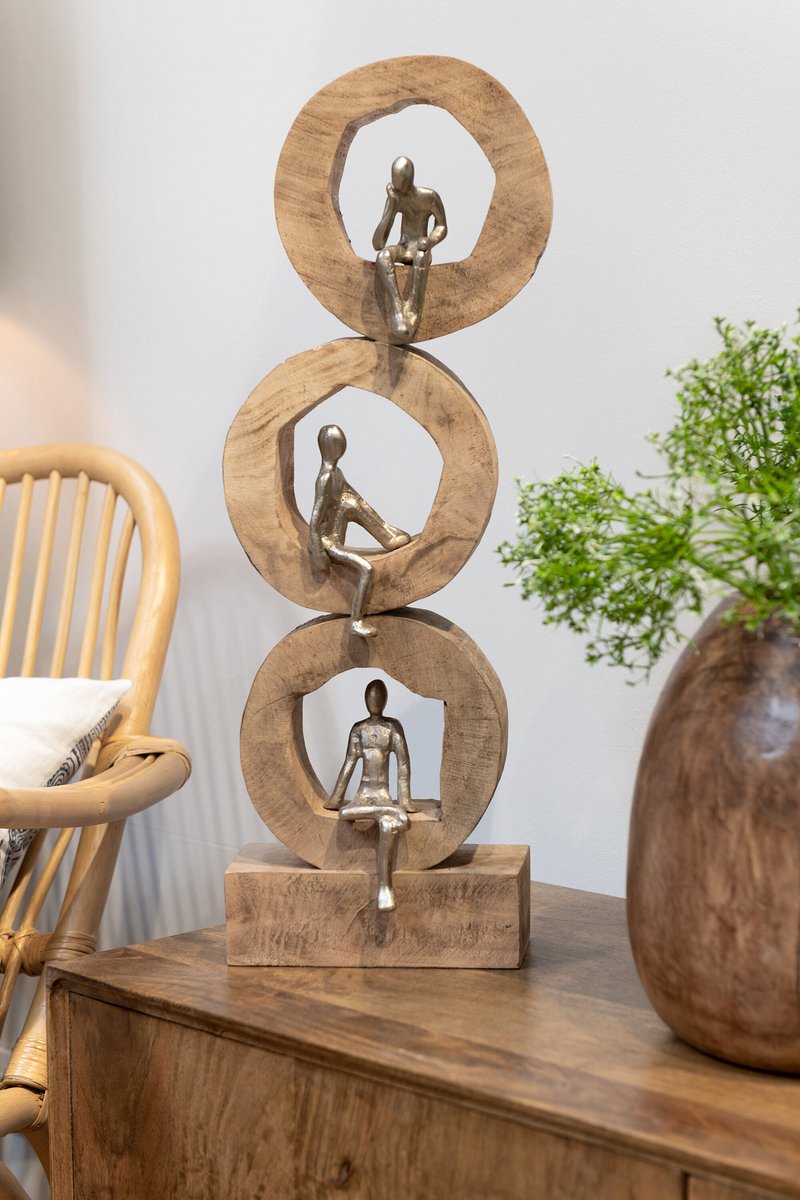 J-Line 3 Denkers Ringen Figuur decoratie - hout & metaal - naturel & wit -  woonaccessoires