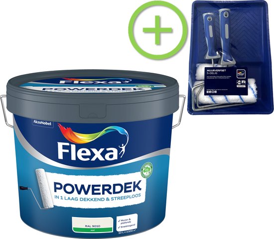 Flexa Powerdek Muurverf - Muren & Plafonds - Binnen - RAL 9010 - 10 L + Muurverfset 5-delig