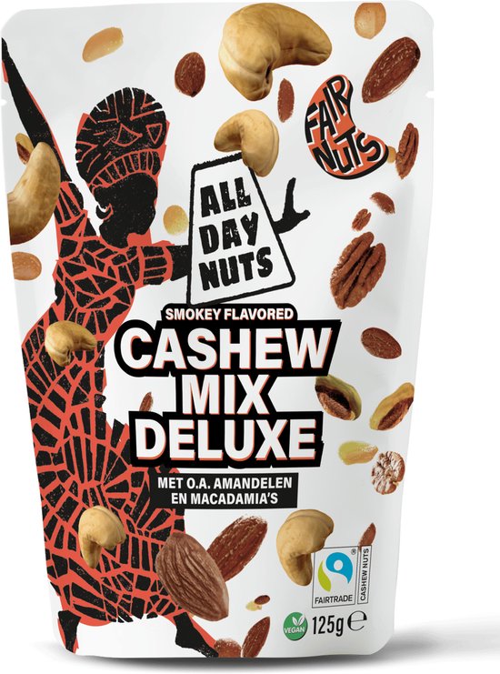 All Day Nuts - Cashew Mix Deluxe 4 x 125 gram - Notenmix - Fair trade - Borrel - Feestje - Mix - Gerookte Amandel - Cashewnoten Mix cadeau geven
