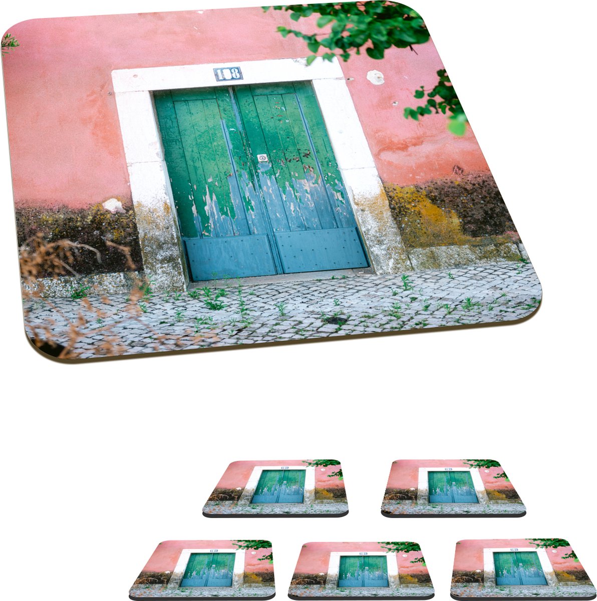 Onderzetters voor glazen - Deur - Groen - Roze - Verf - 10x10 cm - Glasonderzetters - 6 stuks