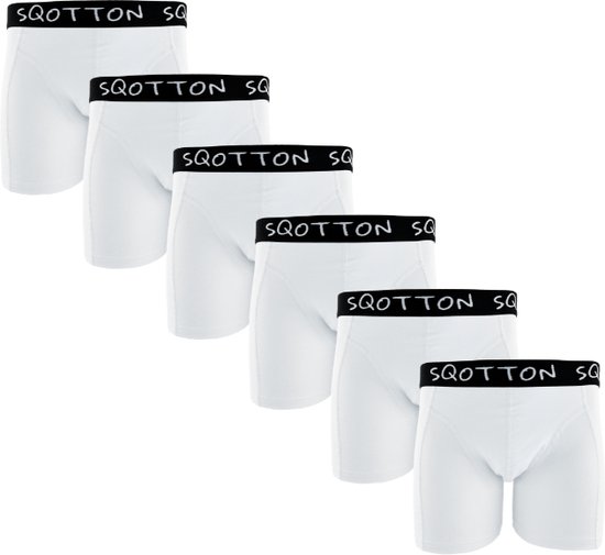 Six boxers blancs avec ceinture noire 'SQOTTON', positionnés en ligne.