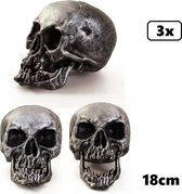 3x Schedel skelet 18cm zilver - Griezel halloween scary skelethoofd party thema feest