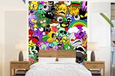 Behang - Fotobehang Neon - Patronen - Grappig - Monsters - Regenboog - Kinderen - Breedte 205 cm x hoogte 280 cm