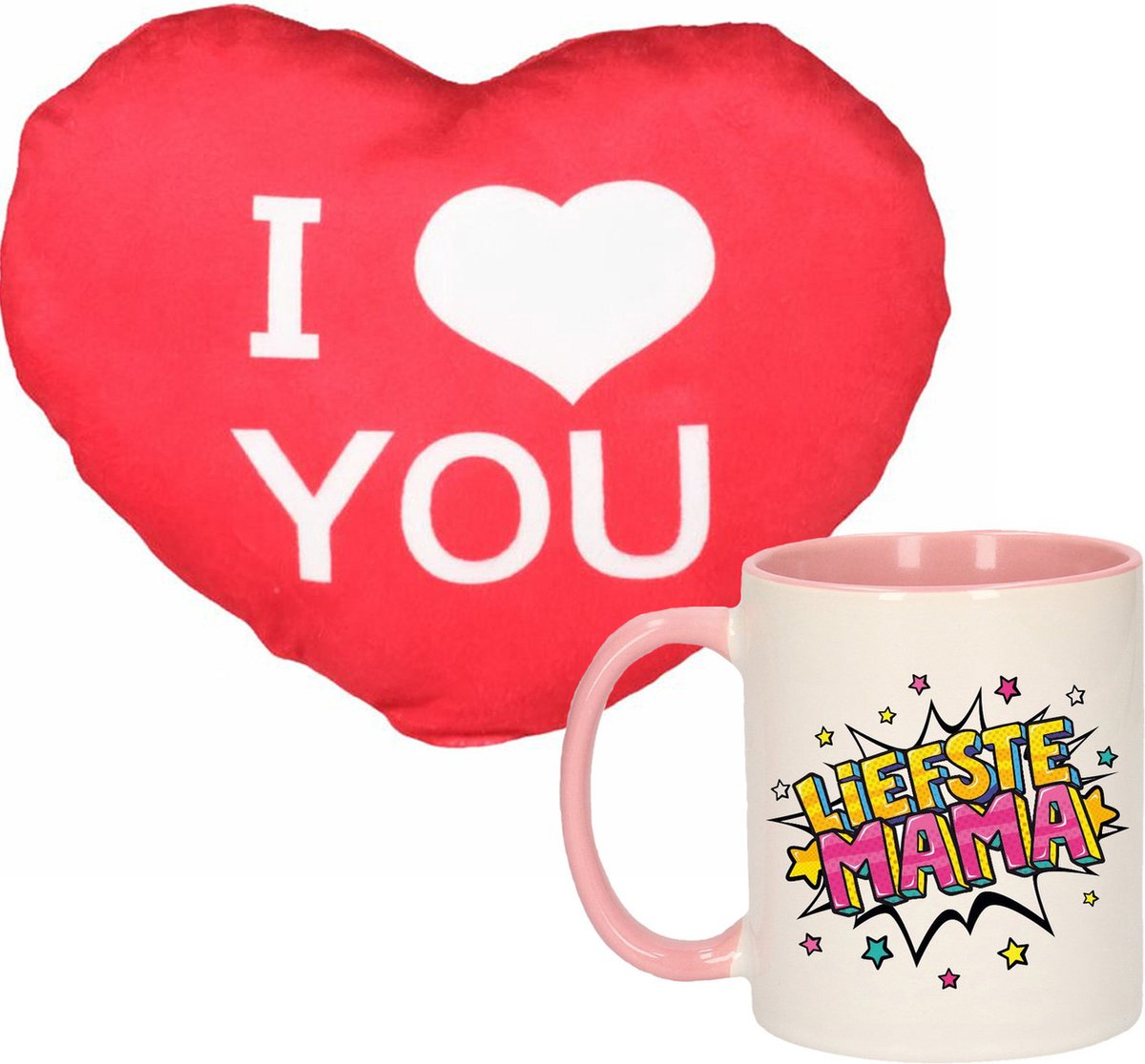 Liefste mama - mok/beker - 300 ml - roze - incl. sierkussentje hart vorm - 12 cm