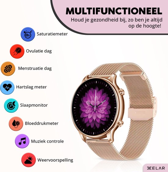 Xelar Smartwatch Dames - Stappenteller - Saturatiemeter - Geschikt voor iOS & Android - Rose Goud