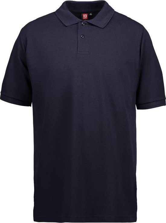 Donkerblauwe polo met korte mouwen en een kraag met knoopsluiting. Het ID-Line logo is zichtbaar op de borst.