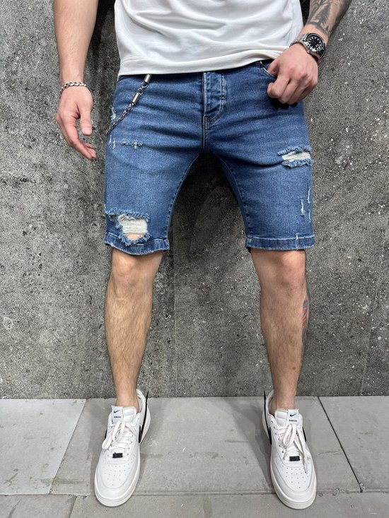 Mannen Stretch Korte Jeans Fashion Casual Slim Fit Hoge Kwaliteit Elastische Denim Shorts Mannelijke Gat Out Korte Jeans - W34