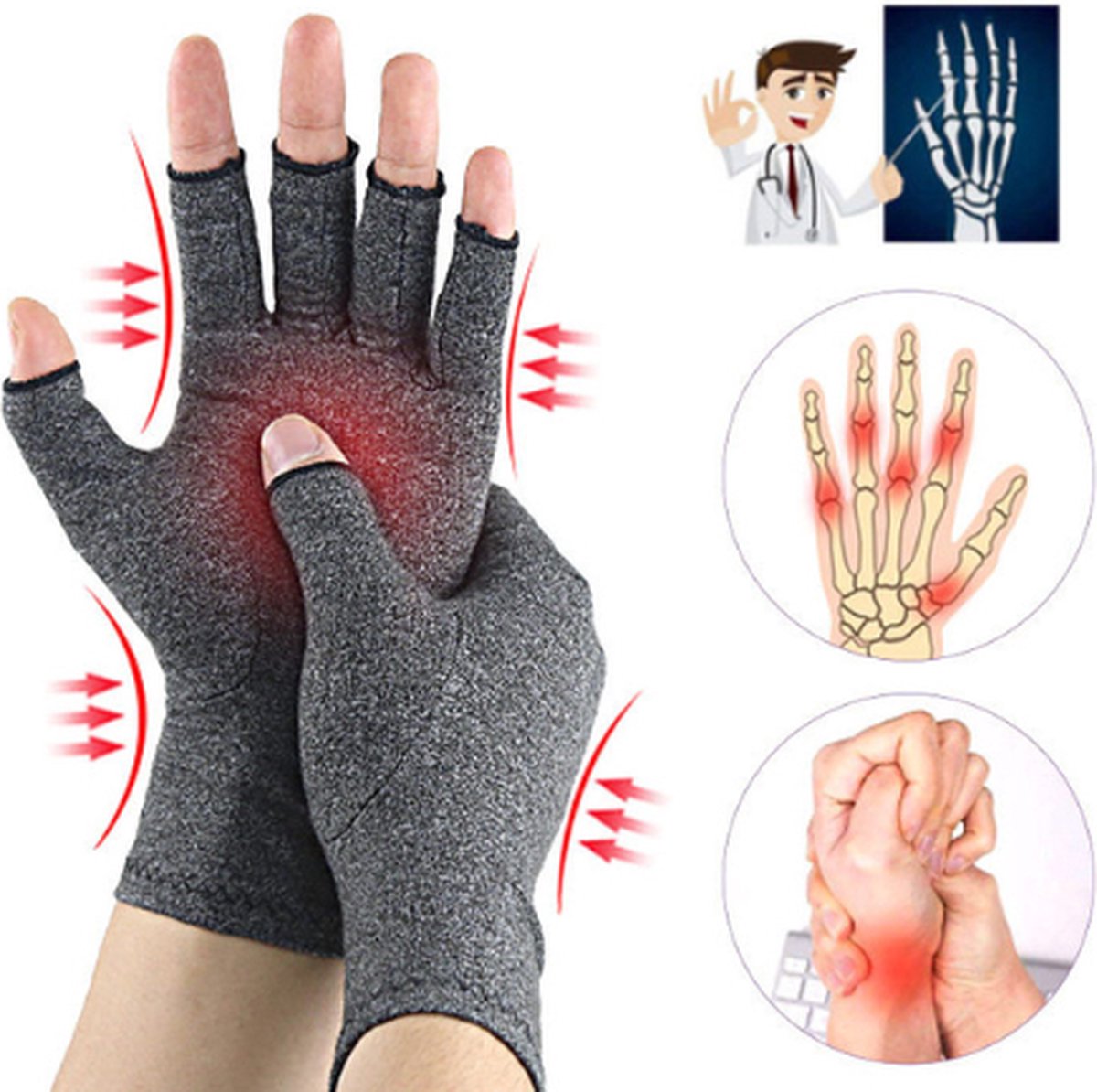 Reuma handschoenen - Artrose handschoenen - Compressie handschoenen - Handschoenen zonder toppen - Reuma - Grijs - M