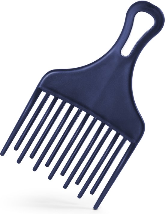 Donkerblauwe plastic kam met rechte tanden en een handvat, ideaal voor krullend haar.
