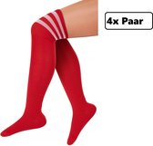 4x Paar Lange sokken rood met witte strepen - maat 36-41 - kniekousen overknee kousen sportsokken cheerleader carnaval voetbal hockey unisex festival
