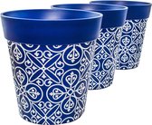 Bloempotten, 22 cm, set van 3, in verschillende kleuren en patronen, plastic bloempotten voor binnen en buiten, blauw Marokkaans