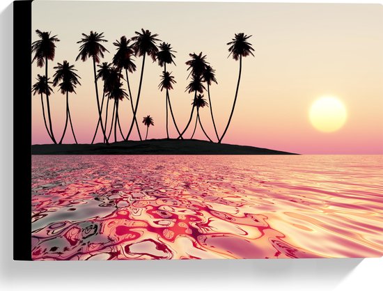 Canvas - Silhouet van Palmbomen op Onbewoond Eiland in de Oceaan bij Zonsondergang - 40x30 cm Foto op Canvas Schilderij (Wanddecoratie op Canvas)