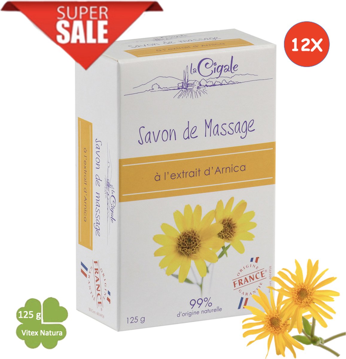 Goedkoopste Arnica Massagezeep 12 x 125g | met exfoliërende olijfsteenpoeder | 99 ingrediënten van natuurlijke oorsprong | La Cigale