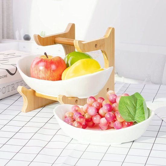 XUDREZ Witgouden fruitschaal voor keuken, 3-laags keramische kom met metalen standaard, gelaagde fruitmandstandaard voor salade, snacks, brood, snoep, groenteopslag (goud