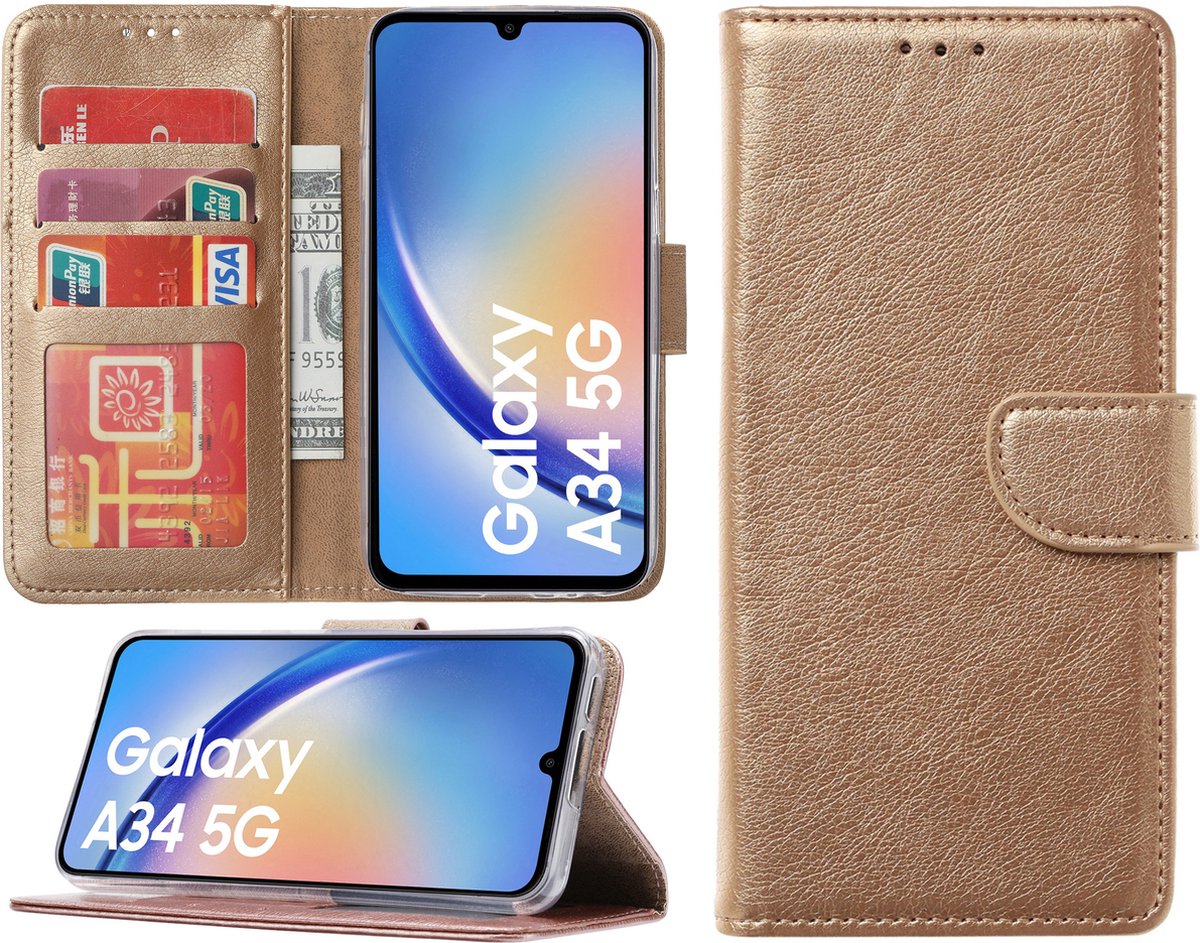 Samsung Galaxy A54 hoesje - Bookcase met pasjeshouder - Goud