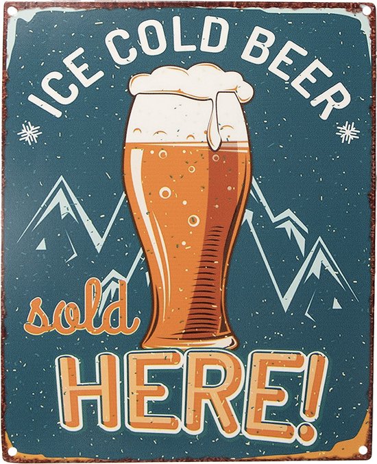 Clayre & Eef Tekstbord 20x25 cm Blauw Geel Ijzer Ice cold beer Wandbord