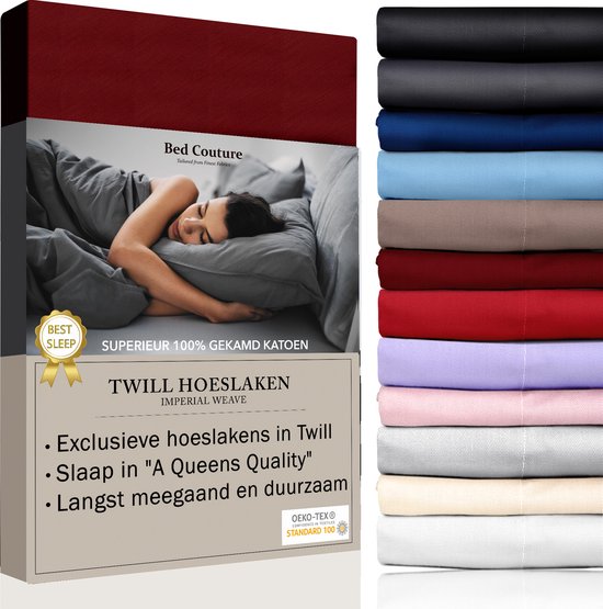 Bed Couture - Twill Hoeslaken van 100% Katoen - Eenpersoons 100x200cm - Hoekhoogte 30cm - Ultra Zacht en Duurzaam - Cabernet