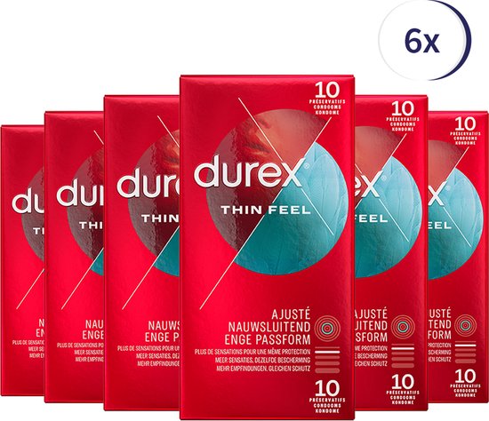 Voordeelverpakking van 6 Durex Thin Feel condooms in rode doosjes.