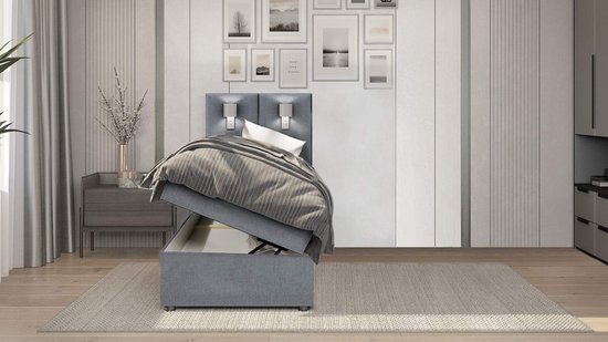 Boxspring Bed Palma met opbergruimte en Led verlichting 90x200 cm - compleet bed met storage eenpersoons