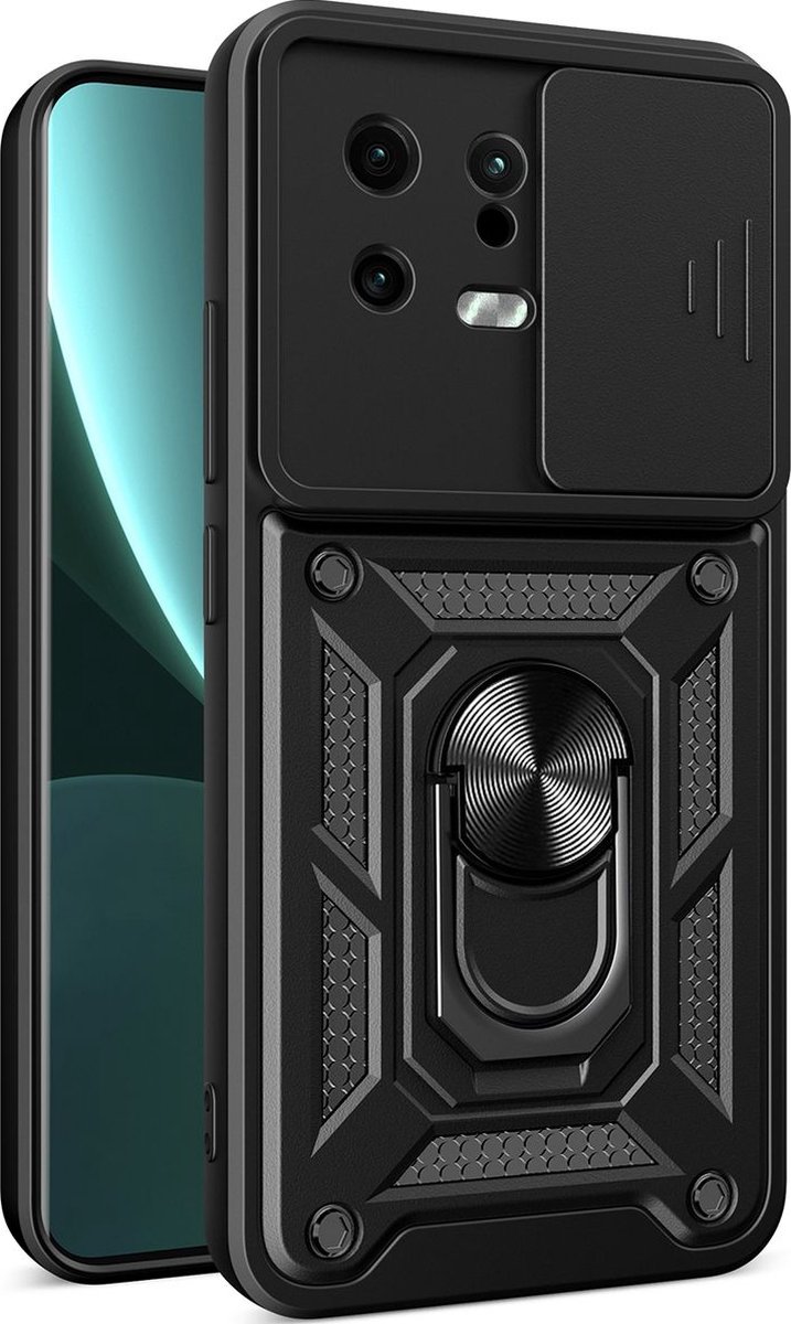 Mobigear Hoesje geschikt voor Xiaomi 13 Telefoonhoesje Hardcase | Mobigear Armor Ring Cam Slide Backcover Shockproof met Ringhouder en Camera Slider | Schokbestendig 13 Telefoonhoesje | Anti Shock Proof - Zwart