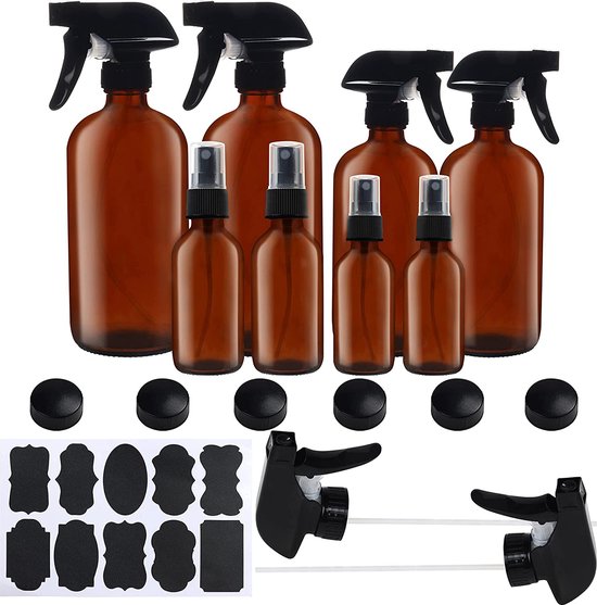  - Amber Glazen Spuitflessen Set (8 Pak) 57 - 455 ml – Geassorteerde Lege/Navulbare Fijne Bemistings-Containers met Labels en doppen voor Essentiële Olies, Schoonmaken