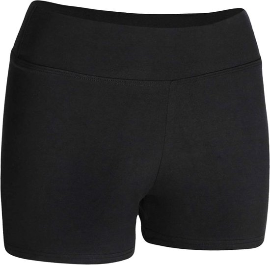 Zwart dames hotpants met hoge taille en V-uitsnijding aan de voorkant.