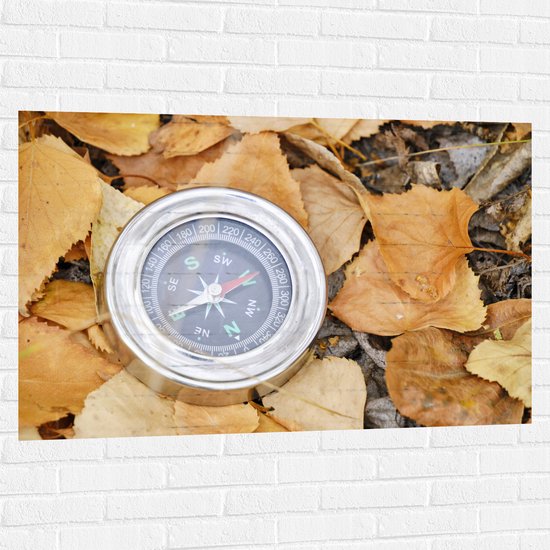 WallClassics - Muursticker - Traditioneel Kompas op Stapel Herfstbladeren - 120x80 cm Foto op Muursticker