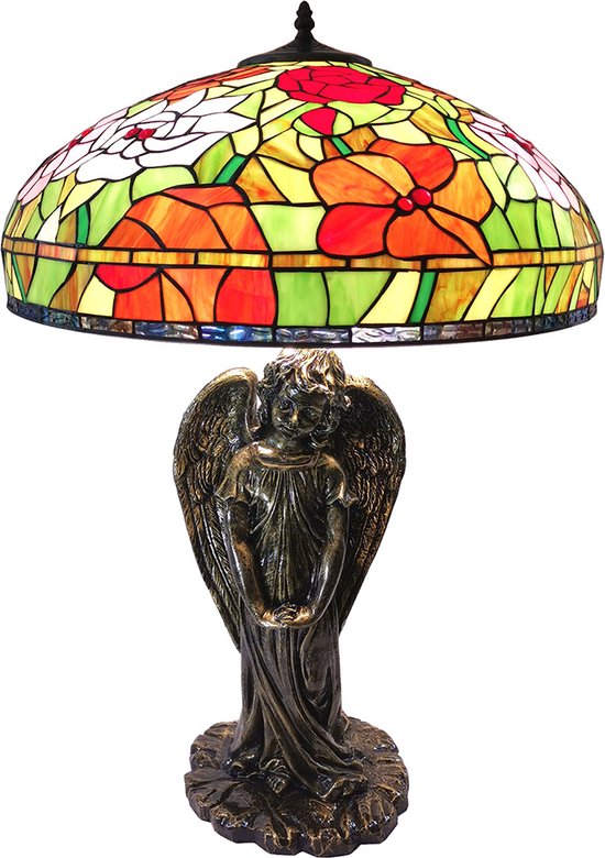 HAES DECO - Tiffany Tafellamp Ø 55x85 cm Rood Groen Glas Roos Tiffany Bureaulamp Tiffany Lampen Glas in Lood