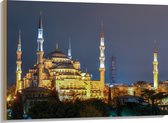 WallClassics - Hout - Sultan AhmetMoskee in de Nacht in Istanbul, Turkije - 100x75 cm - 9 mm dik - Foto op Hout (Met Ophangsysteem)