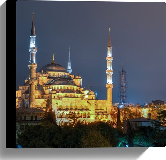 WallClassics - Canvas - Sultan AhmetMoskee in de Nacht in Istanbul, Turkije - 30x30 cm Foto op Canvas Schilderij (Wanddecoratie op Canvas)