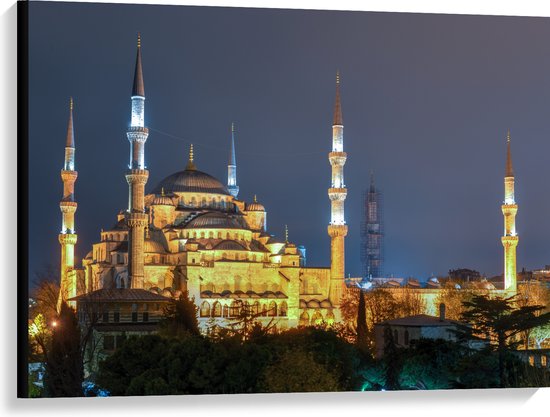 WallClassics - Canvas - Sultan AhmetMoskee in de Nacht in Istanbul, Turkije - 100x75 cm Foto op Canvas Schilderij (Wanddecoratie op Canvas)