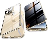 Fiquesa Autri® - Iphone 14 pro hoesje - goud - privacy scherm - Dubbelzijdig glas protector - metalen bumper