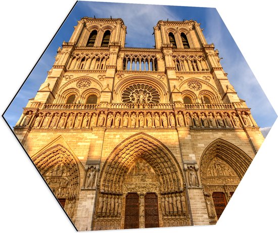 WallClassics - Dibond Hexagon - Vooraanzicht van de Notre Dame in Parijs - 70x60.9 cm Foto op Hexagon (Met Ophangsysteem)