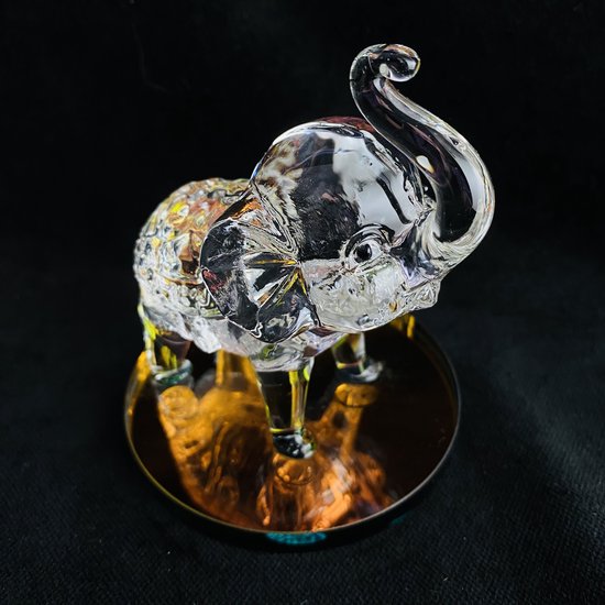 Kristallen glazen ambachten olifant op gekleurde ronde spiegel 7.5x7.5x9.5cm