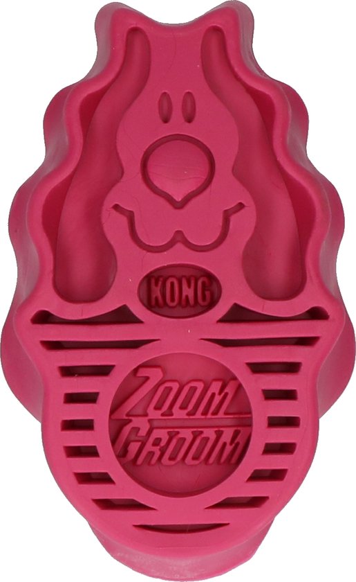 Roze Kong Zoomgroom hondenvachtborstel met grappig gezicht en gebogen randen.