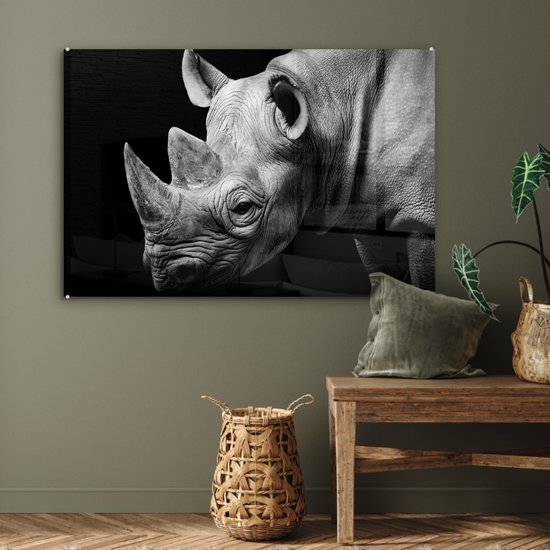 MuchoWow - Peinture sur verre - Photo sur verre - Peinture sur verre - Verre acrylique - Animaux - Rhinocéros - Zwart - Wit - Décoration murale - 90x60 cm - Salon - Décoration murale animaux - Décoration maison