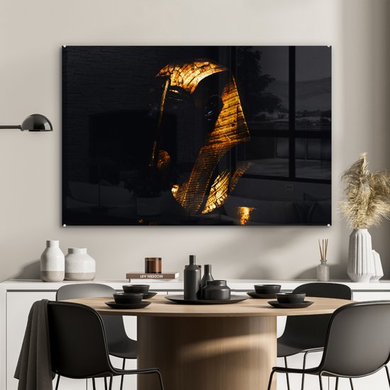 Glasschilderij zwart goud - Farao - Egypte - Goud - Luxe - Zwart - 90x60 cm - Schilderij glas - Woondecoratie