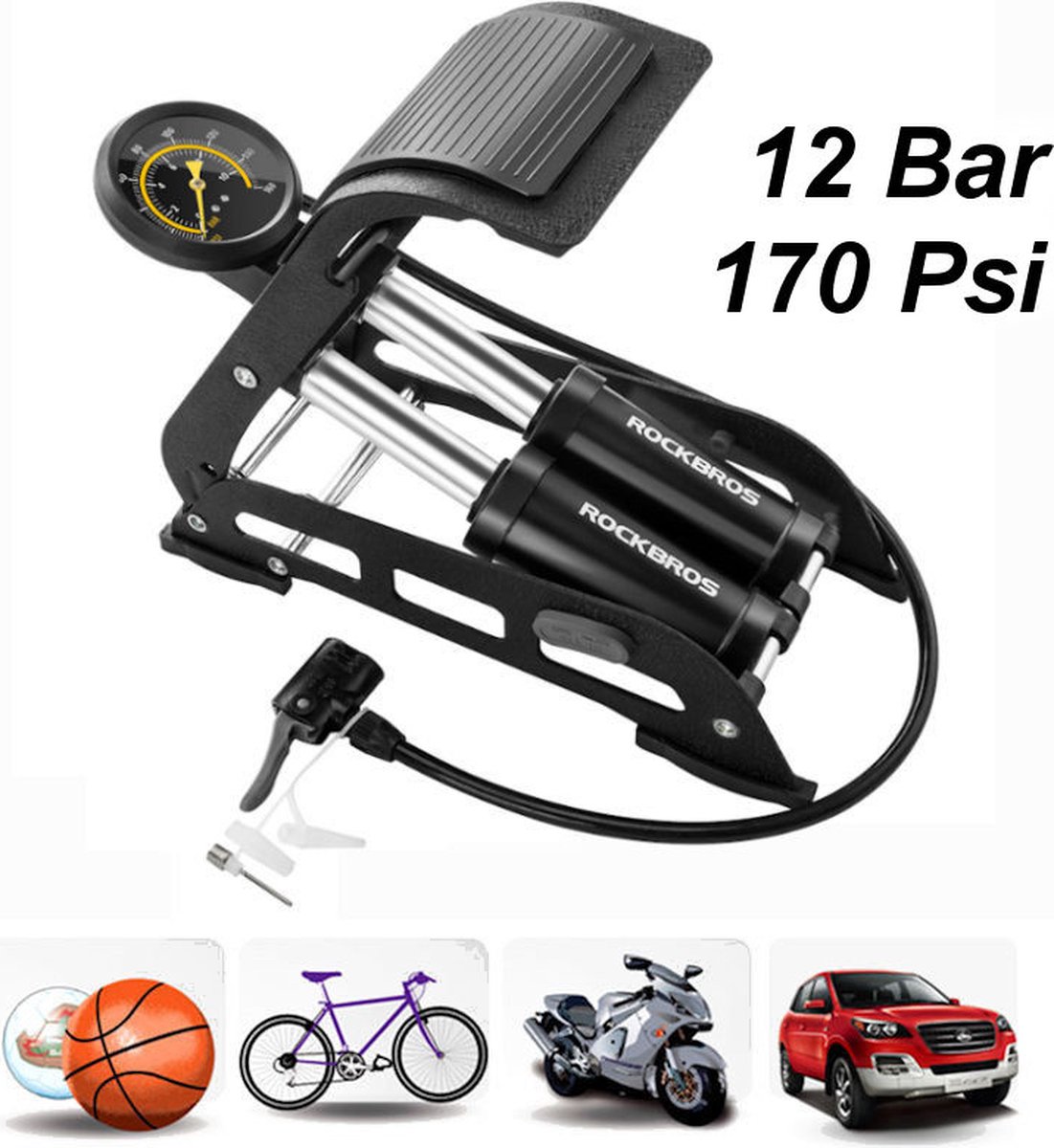 Decopatent® PRO Voetpomp - Fietspomp met drukmeter 170 Psi - Dubbele Cilinder en Manometer - Autobanden - Fietsenband - Motorband