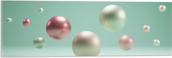 Acrylglas - Abstracte Witte en Roze Parelmoer Ballen - 90x30 cm Foto op Acrylglas (Wanddecoratie op Acrylaat)