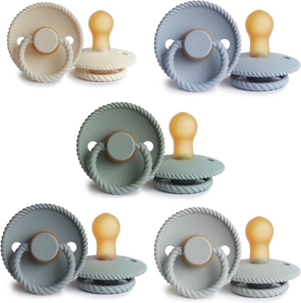 FRIGG ROPE Fopspeen set 5 stuks Cream,Sage,powder Blue,French Gray en Silver Gray 0-6 maand