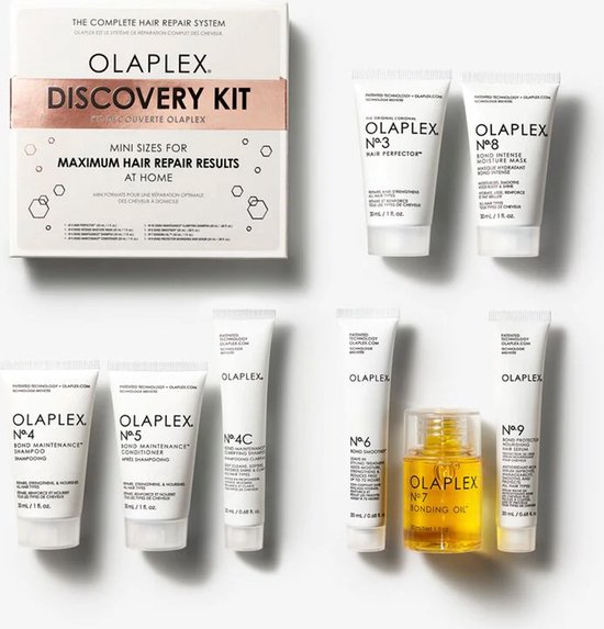 Olaplex Discovery Kit met 7 mini-producten: No.3, No.8, No.4, No.5, No.4C, No.6 en No.9, plus No.7 Bonding Oil.