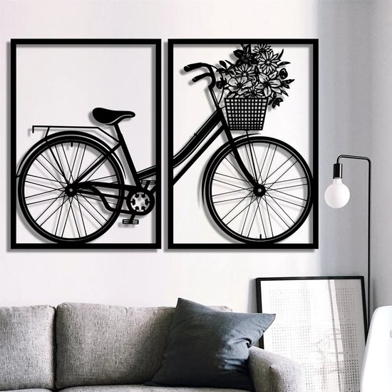 BT Home - Metalen 2 stucks fiets modern deco muurdecoratie - Wanddecoratie - Zwart - Metalen art - Muurdecoratie - Line art - Wall art - Bohemian - Wandborden - Woonkamer - 50x70 cm