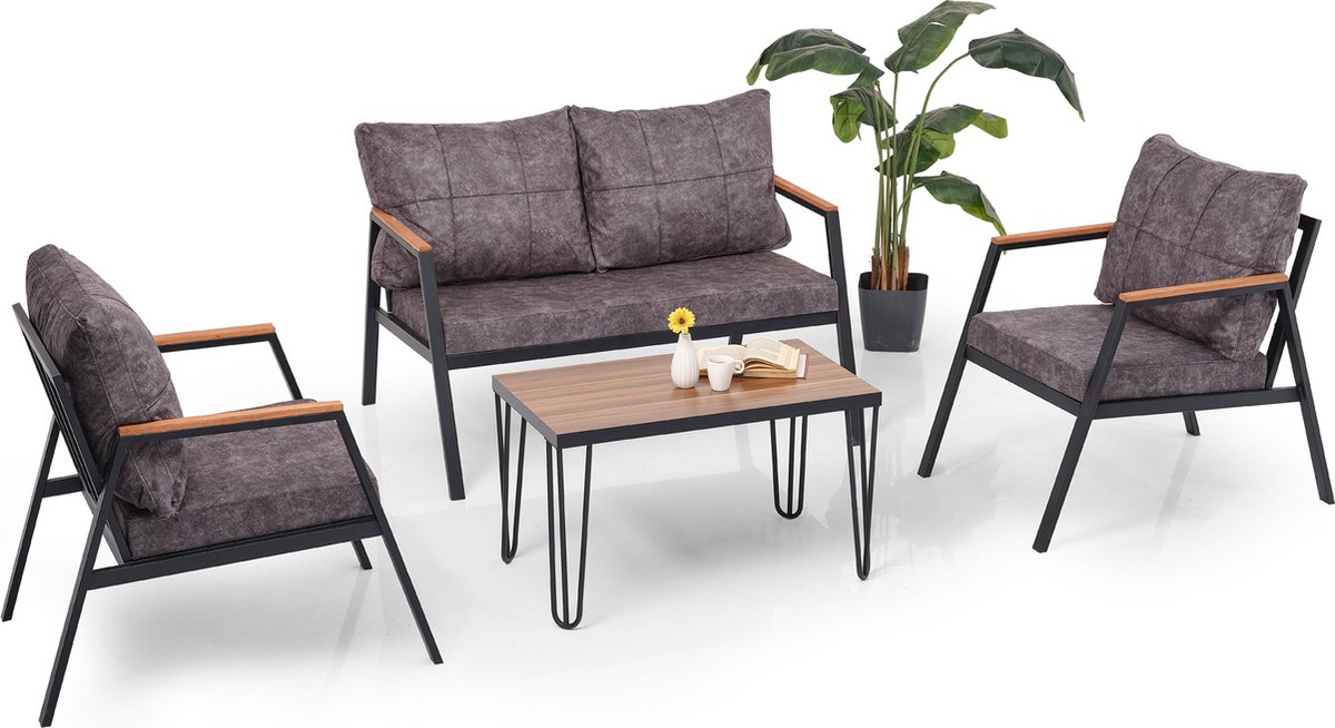 Tuinmeubelset - Loungeset - Tuinset 4 persoons - Outdoor - Incl. Kussens en tafel - Antraciet - Metaal - Classic