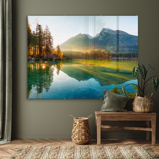 Peinture sur verre - Plaque acrylique - Lac - Water - Vert - Montagnes - Arbre - Décoration murale - Peinture sur verre - Verre acrylique - Photo sur verre - 160x120 cm - Peinture sur verre nature - Décoration murale