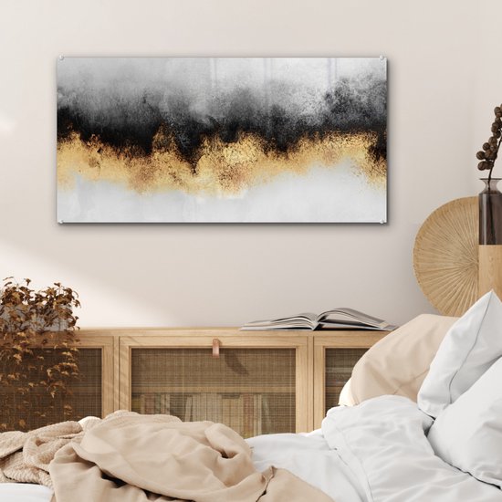MuchoWow® Peinture sur Verre - Goud - Chic - Abstrait - Zwart - Wit - Luxe - 80x40 cm - Peintures sur Verre Acrylique - Photo sur Glas