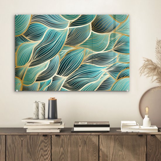 MuchoWow® Glasschilderij 60x40 cm - Schilderij acrylglas - Patronen - Goud - Abstract - Golf - Foto op glas - Schilderijen
