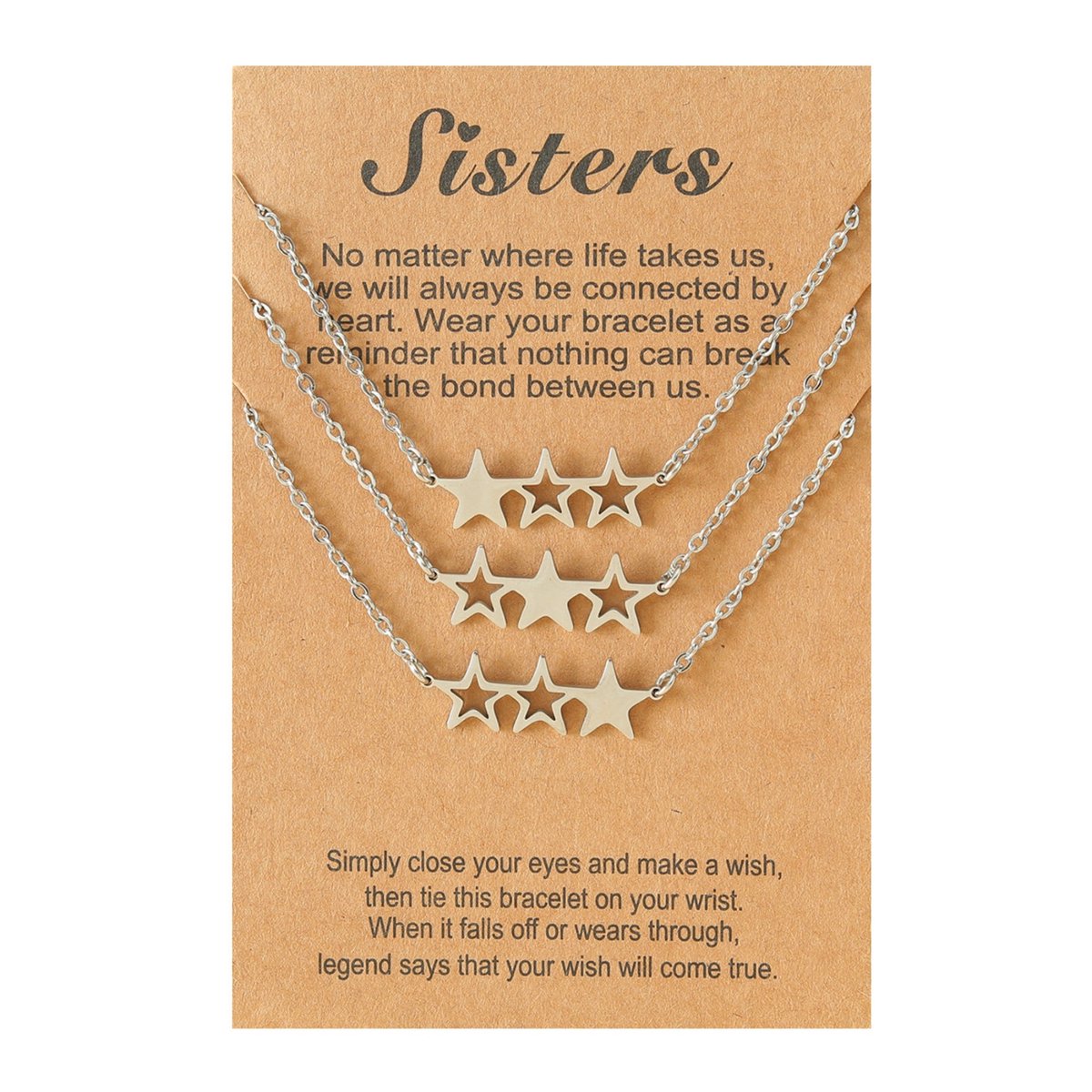 Vriendschapsketting voor 3 met Sterretjes - Zilverkleurig - BFF Ketting op Cadeau kaartje - Pax Amare
