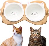 Gamelle pour Mangeoires en hauteur - Bols en porcelaine avec oreilles dans un support en bois pour nourriture pour chat